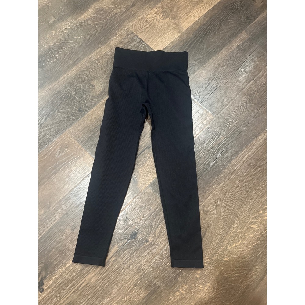OQQ Womens Ribbed Seamless Leggings High Waisted Black Yoga Gym Pants Size Large